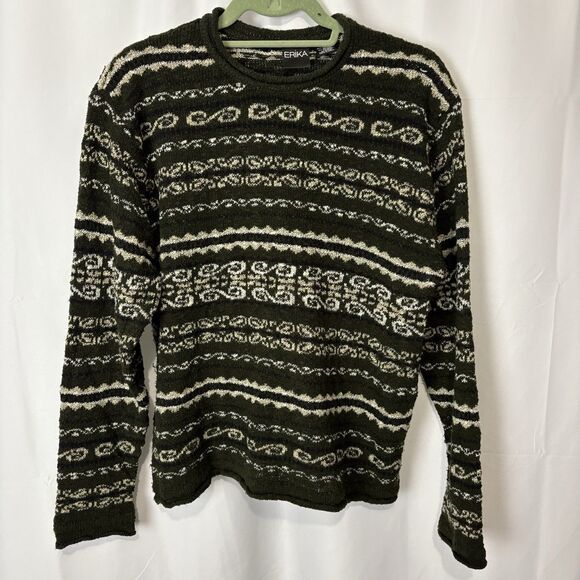 Erika & Co Vintage Sweater Womens L Fair Isle Olive Green Grunge Grandpa - Picture 1 of 7